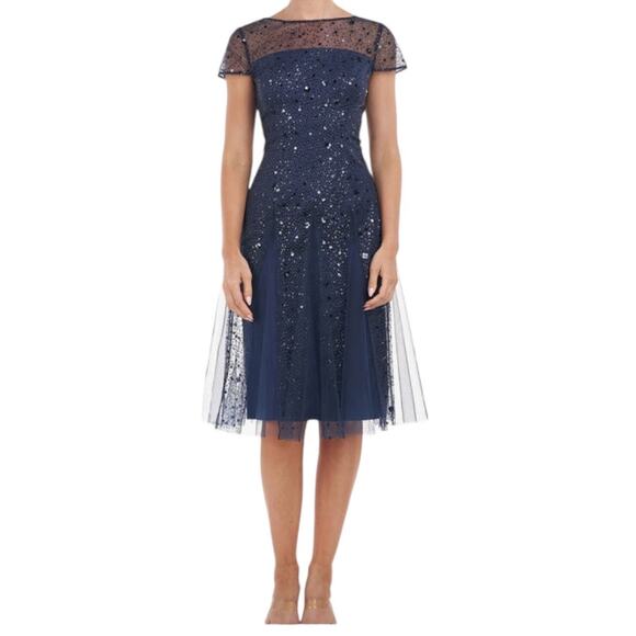 JS Collections dress Alyssa godet cocktail glitter sequins navy blue size 10 - Picture 1 of 8